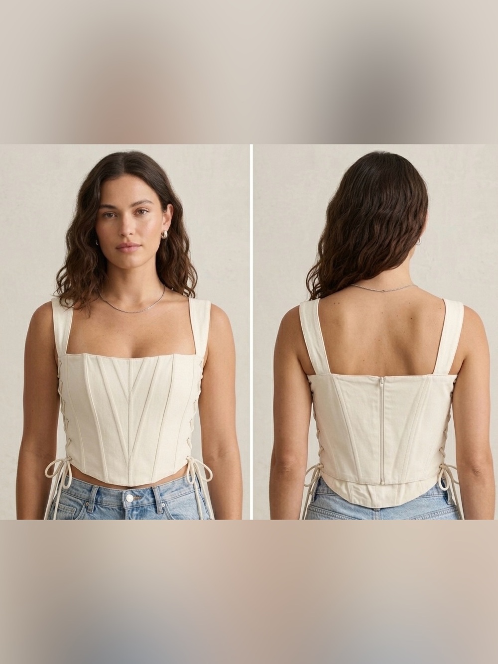 DANIELLE GUIZIO Cream Denim Side Lace Up Corset Top Size Medium Regencycore